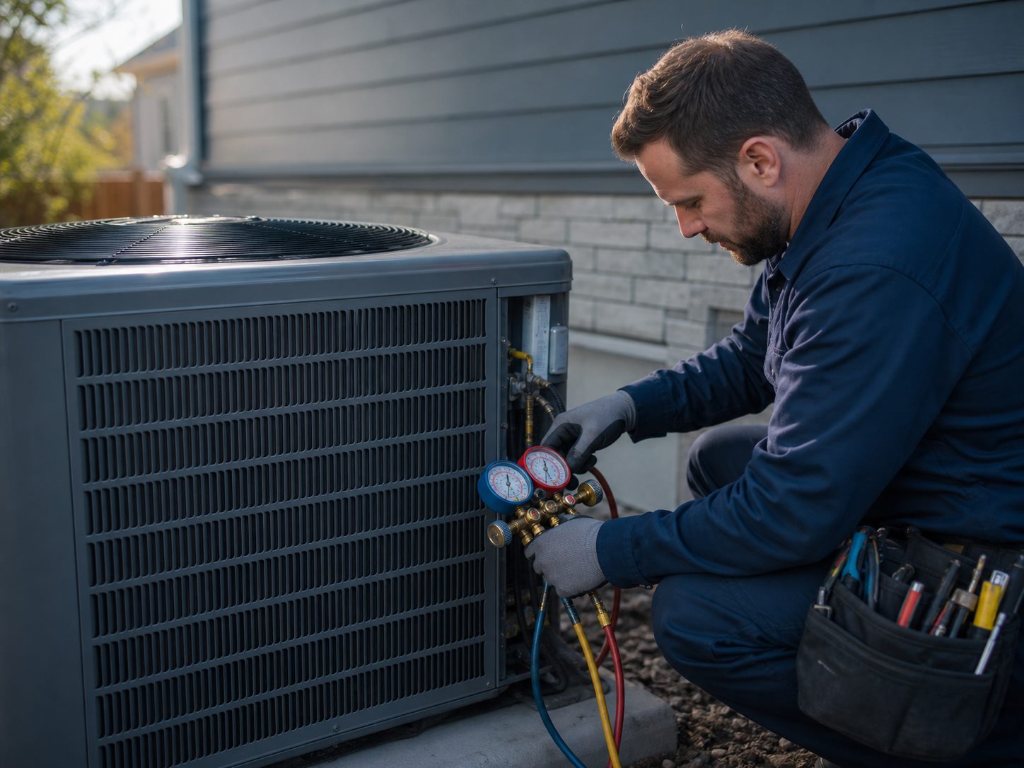 HVAC technician servicing an outdoor air conditioning unit