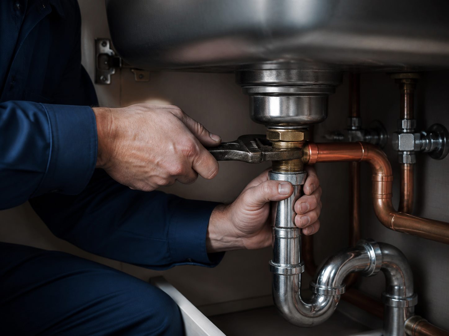Plumber tightening a pipe fitting beneath a sink