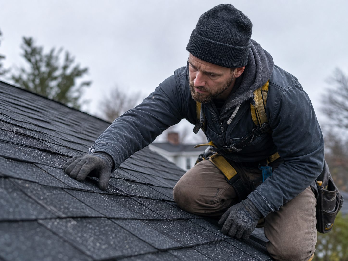 Roofer inspecting asphalt shingles for damage